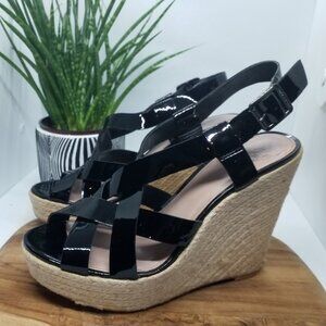 Vince Camuto size 8 Wedge Platform Sandals Black Patent Leather and Jute